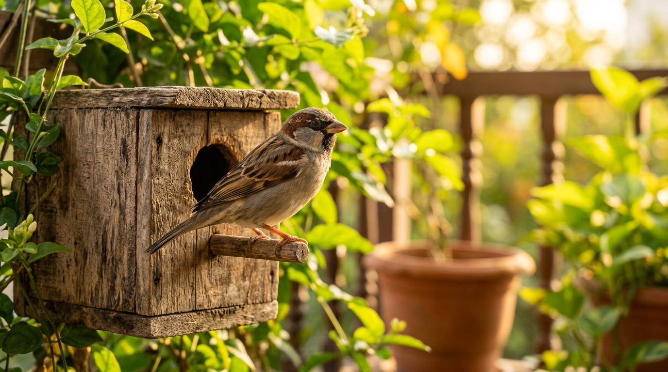 Indian Sparrow resting by wooden nest box